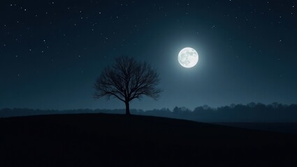 Fototapeta premium A solitary tree stands under a full moon in a vast, dark landscape