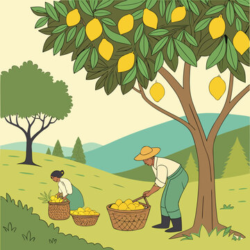 People picking lemons from a tree in an orchard Vector