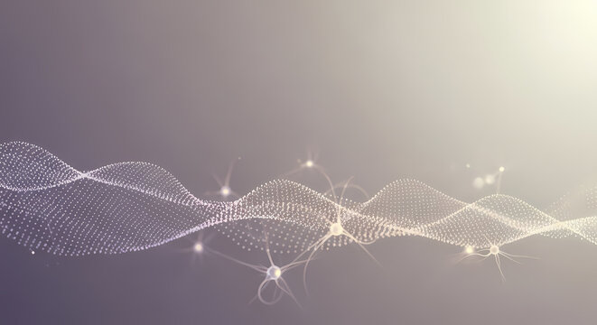 Abstract digital network illustration featuring flowing wave patterns of interconnected glowing dots representing data exchange, technological progress, and seamless global communication
