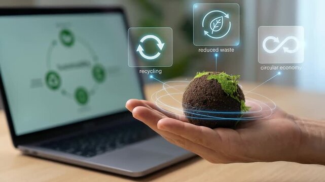 Sustainability manager managing global carbon footprint using digital technology and ESG industry icons. Concept of CO2 reduction, green supply chain, sustainable industry, circular economy