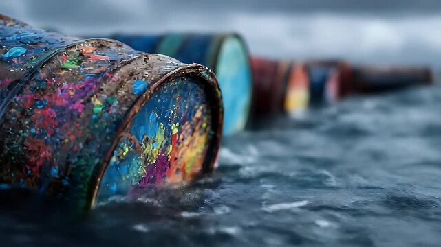 A colorful, paint-splattered barrel bobs in dark, choppy water