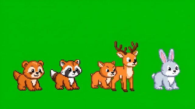 Pixel art animals perform synchronized dance on green screen