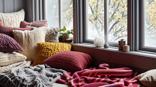 A collection of pillows of various colors and textures, including a green one. Winter lifestyle casual home comfort, colorful textiles, natural light, calm and friendly atmosphere, professional 