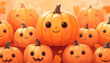 Smiling pumpkins gathered together with autumn leaves around them