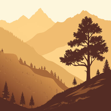 Serene mountain landscape with a single tree
