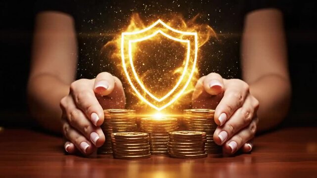 Financial Security Protection Concept With Shield Over Stacked Coins Representing Savings And Investment Safety