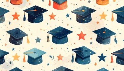 Vibrant graduation caps and stars celebration background