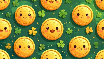Smiling gold coins and four leaf clovers on green background