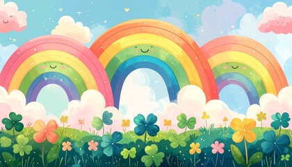 Smiling rainbow clouds and colorful flowers in a vibrant landscape