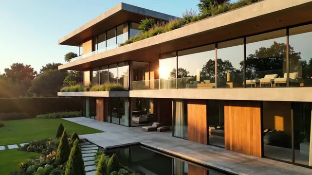 Luxury Modern House Exterior With Large Glass Windows Elegant Architecture And Green Garden Design