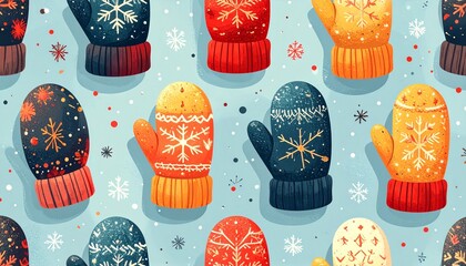 Vibrant winter mittens in various colors with snowflake designs
