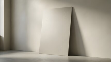 Fototapeta premium Minimal Poster Mockup Leaning Against Wall in Neutral Interior Scene