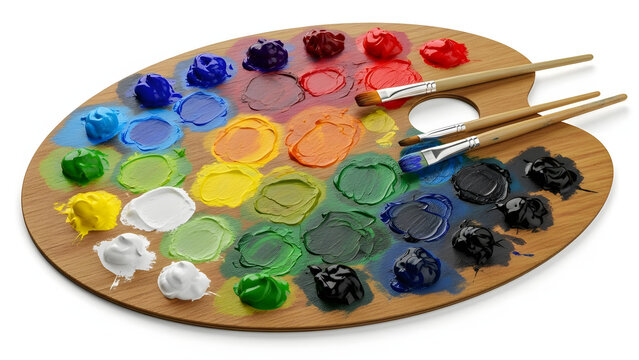 Wooden artist palette with colorful paints and brushes on white background  art supplies transparent background