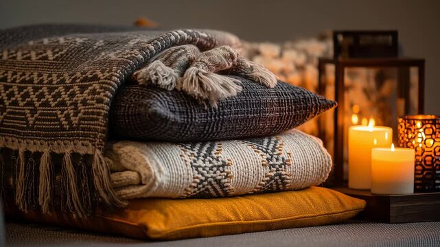 A stack of pillows and blankets with candles on top. winter hygge lifestyle at home, bright yet warm color accents, layered textiles, gentle lighting, relaxed seasonal comfort mood, lifestyle 