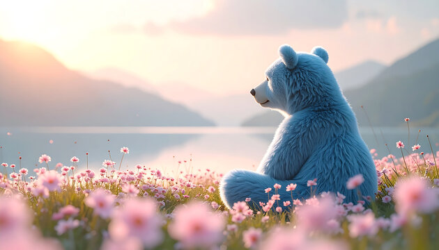 Serene Blue Bear in a Field of Flowers