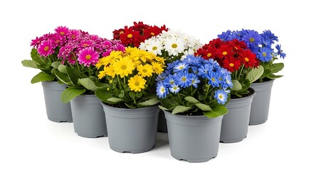 Fototapeta premium A vibrant collection of multi-colored daisy flowers in gray pots featuring magenta, blue, yellow, and red blooming petals.