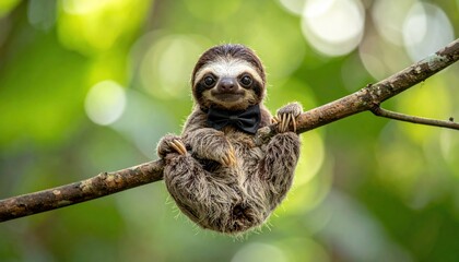 Naklejka premium Adorable Baby Sloth Hanging on a Branch in the Rainforest.
