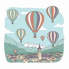 Obraz premium Hot air balloons floating over a charming European village with a church tower, surrounded by majestic mountains and a clear sky.