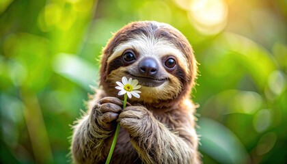 Naklejka premium Adorable baby sloth holding a daisy flower in a lush green forest.