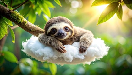 Naklejka premium Adorable baby sloth resting on a cloud in the jungle.
