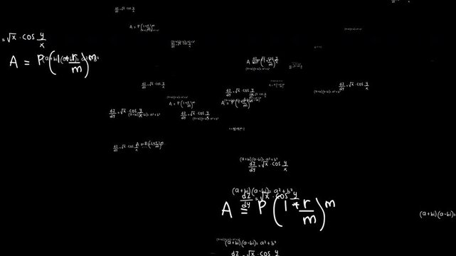 math problems popping and coming forward for thinking, problem solving, planning, heavy situation, brainstorming situation overlay with alpha channel looping animation