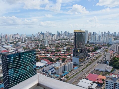Panoramic Aerial View of Panama City Skyline from Ancon Hill at Blue Hour with Golden Tower and Urban Sprawl