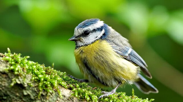 A small blue tit perched on a mossy log in a sunlit forest.