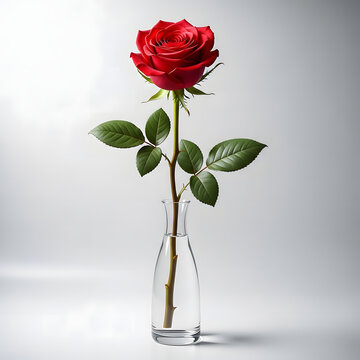 Single red rose in a clear glass vase on a white surface indoors transparent background