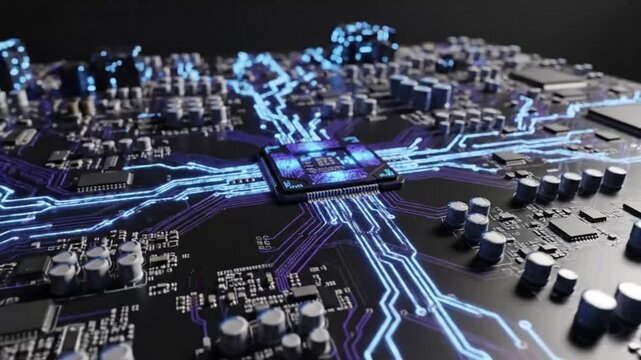 Advanced Electronic Circuit Board With Glowing Data Paths Representing High Tech Computing Innovation