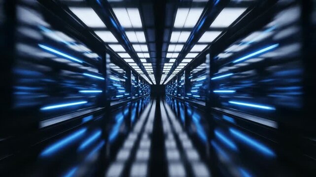 Futuristic bluelit corridor with grid ceiling and beams stretching into distance