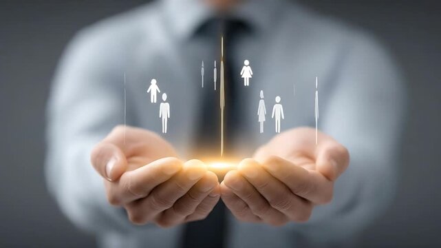 A person holding a glowing team icon in their hands representing leadership and collaboration from a close-up viewpoint