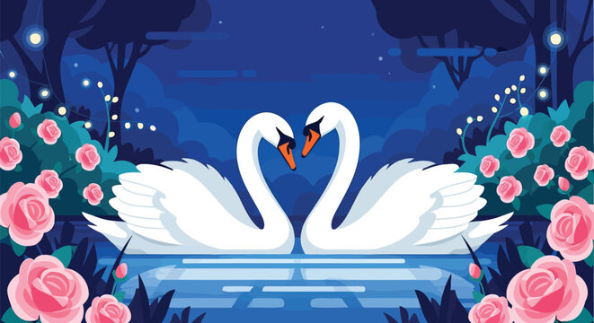 Romantic white swans forming heart shape on lake with pink roses at night