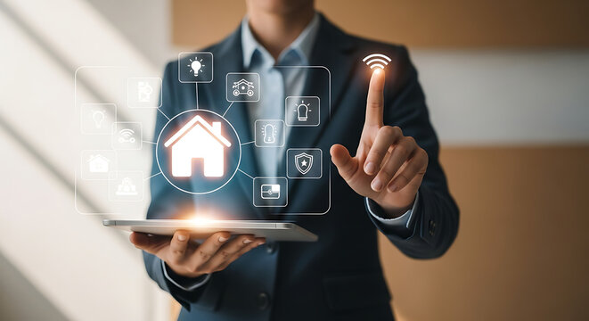 Man in a business suit uses a tablet displaying a digital smart‑home interface, chest‑up view in a sleek office modern interior