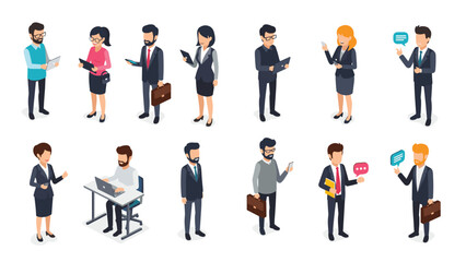 Set of isometric business people icons showing men and women in various professional poses with laptops, tablets, and briefcases.
