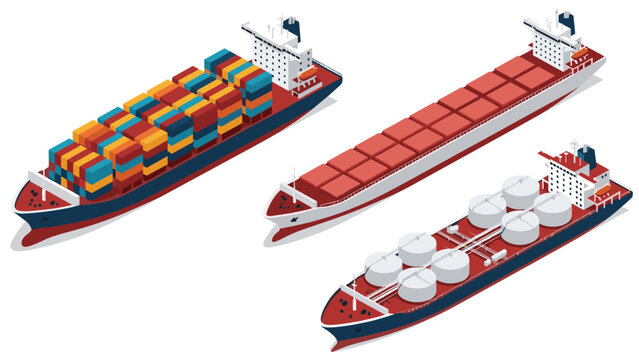 Three types of large cargo ships including container ship bulk carrier and oil tanker shown in isometric view on white background.