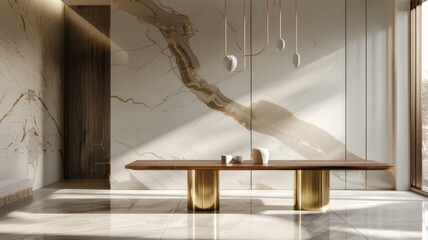 Minimalist luxury entryway with a sleek wooden console table, gold accents, and abstract art on a marble wall.