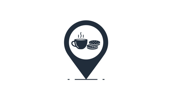 Map pointer icon containing a steaming cup of coffee and two cookies representing local cafe location or snack break spot.