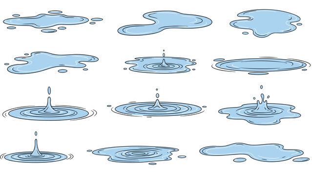 Illustration of water puddles in different shapes and sizes including ripples from droplets falling on the liquid surface on white background.