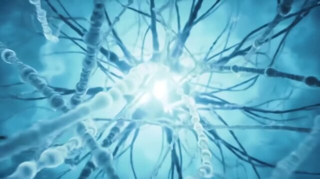 Neurons firing and connecting in a complex neural network, digital render of brain cells communicating, bright light source, conceptual, closeup, scientific.