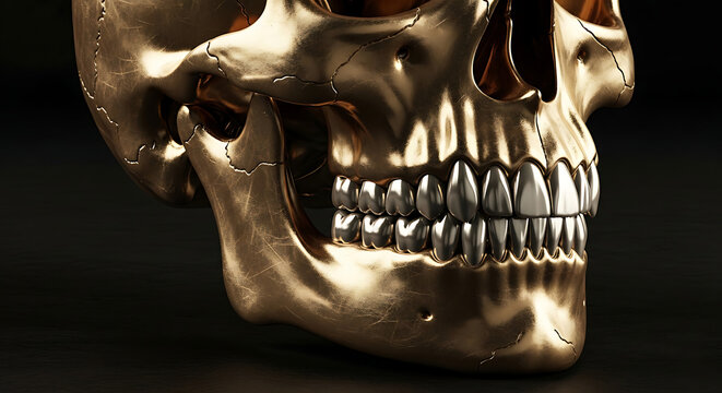 Abstract Close-up of a Polished Gold Human Skull with Silver Teeth on Black Background