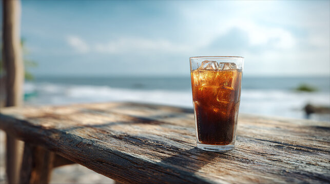 Refreshing drink on a beach with a blurred ocean background, the image captures a moment of tranquility.