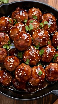 Meatballs in Cast Iron Skillet with Sauce.