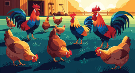 Obraz premium Poultry farm vector illustration with roosters and hens near wooden barn