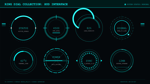 Futuristic heads-up display interface with multiple circular data dials and system status indicators