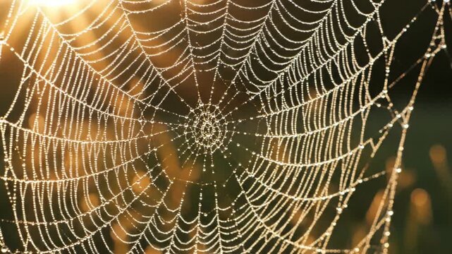 Dew-kissed spider web glistens in morning sunlight, showcasing intricate threads and delicate patterns in a serene outdoor setting.