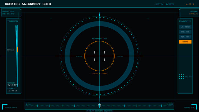 Futuristic spaceship docking alignment grid interface with target acquired and telemetry data