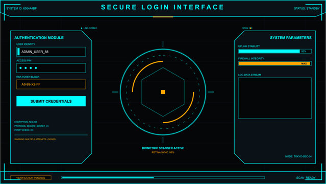 Abstract digital interface screen displaying secure login credentials and biometric retina scanning data