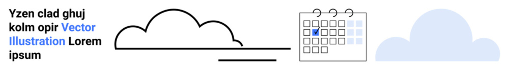 Time management, organization, planning, digital storage, design concepts, data. Outline of a cloud, calendar with marked date and placeholder text. Time management and organization concept