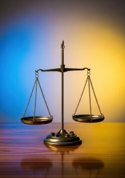 A close up view of the classic bronze scales of justice, perfectly balanced, resting on a wooden surface representing legal authority and ethical judgment, judicial, abstract, responsibility