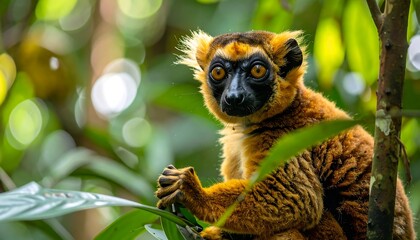 Fototapeta premium Close-up of a Black-and-white Ruffed Lemur in its Natural Habitat.